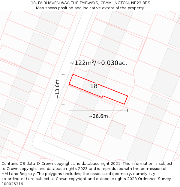 18, FAIRHAVEN WAY, THE FAIRWAYS, CRAMLINGTON, NE23 8BS: Plot and title map