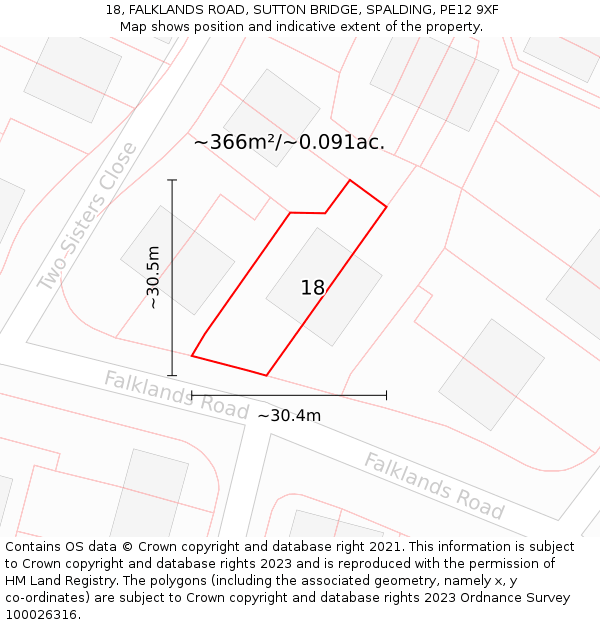 18, FALKLANDS ROAD, SUTTON BRIDGE, SPALDING, PE12 9XF: Plot and title map
