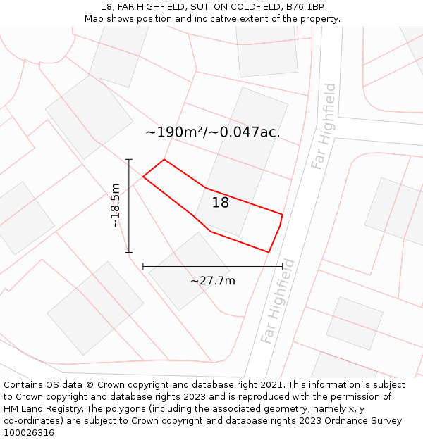 18, FAR HIGHFIELD, SUTTON COLDFIELD, B76 1BP: Plot and title map