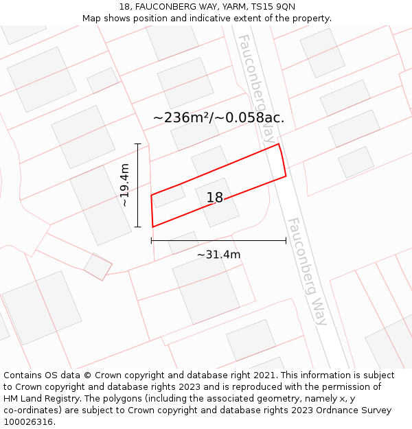 18, FAUCONBERG WAY, YARM, TS15 9QN: Plot and title map