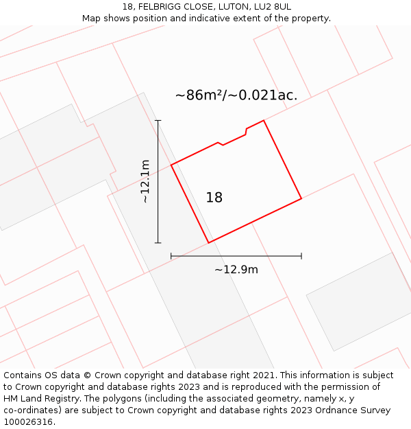 18, FELBRIGG CLOSE, LUTON, LU2 8UL: Plot and title map