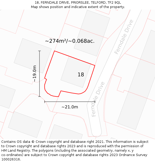 18, FERNDALE DRIVE, PRIORSLEE, TELFORD, TF2 9QL: Plot and title map
