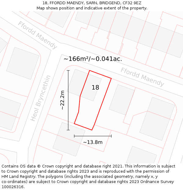 18, FFORDD MAENDY, SARN, BRIDGEND, CF32 9EZ: Plot and title map