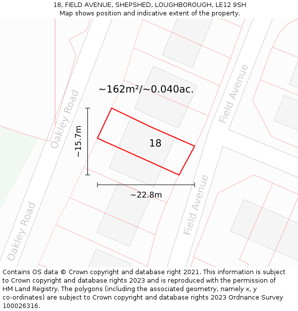 18, FIELD AVENUE, SHEPSHED, LOUGHBOROUGH, LE12 9SH: Plot and title map