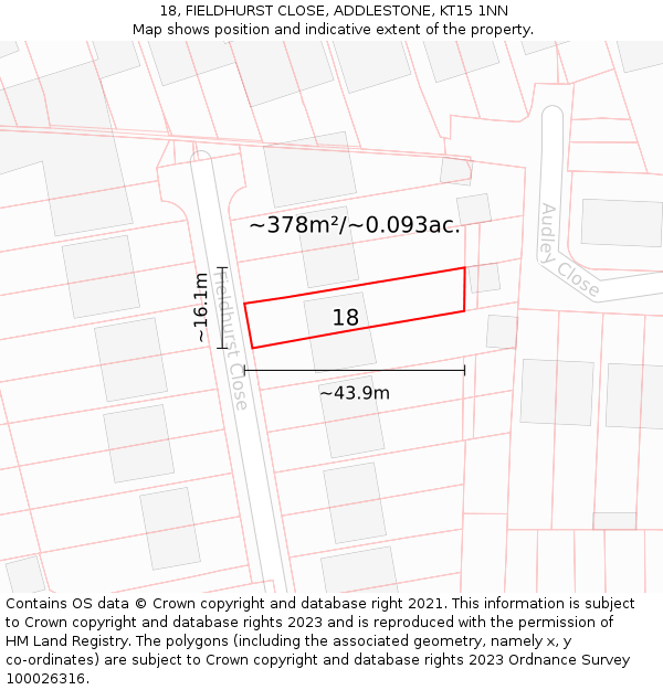 18, FIELDHURST CLOSE, ADDLESTONE, KT15 1NN: Plot and title map