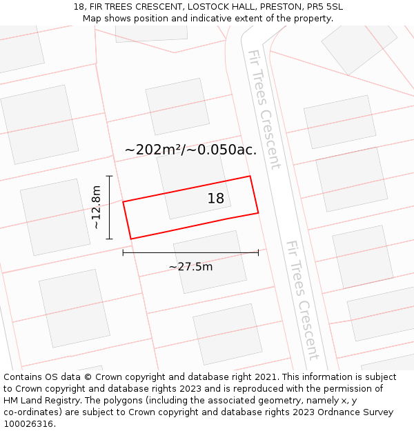 18, FIR TREES CRESCENT, LOSTOCK HALL, PRESTON, PR5 5SL: Plot and title map