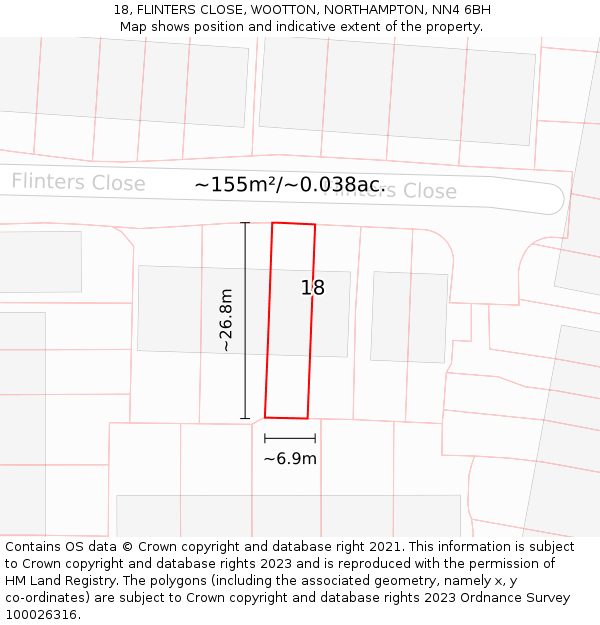 18, FLINTERS CLOSE, WOOTTON, NORTHAMPTON, NN4 6BH: Plot and title map