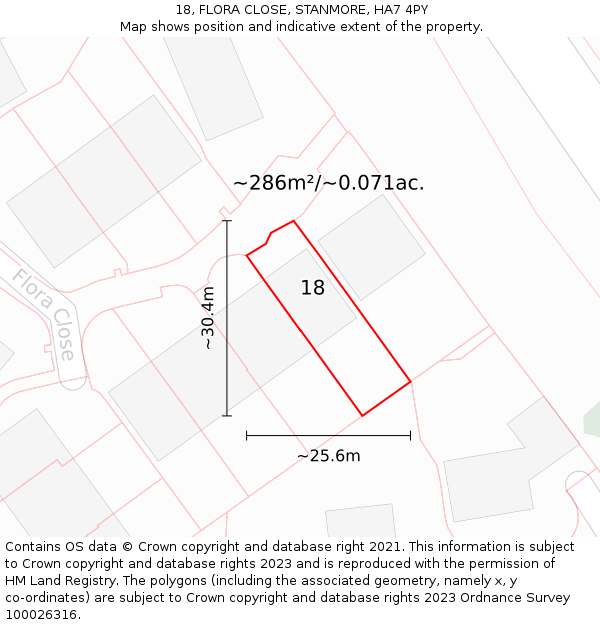 18, FLORA CLOSE, STANMORE, HA7 4PY: Plot and title map
