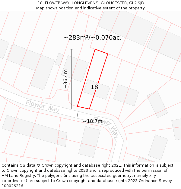 18, FLOWER WAY, LONGLEVENS, GLOUCESTER, GL2 9JD: Plot and title map