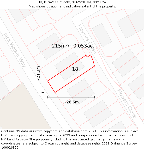 18, FLOWERS CLOSE, BLACKBURN, BB2 4FW: Plot and title map