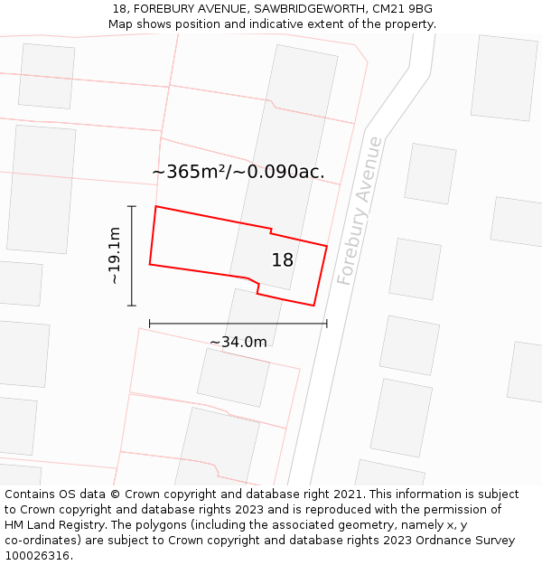 18, FOREBURY AVENUE, SAWBRIDGEWORTH, CM21 9BG: Plot and title map