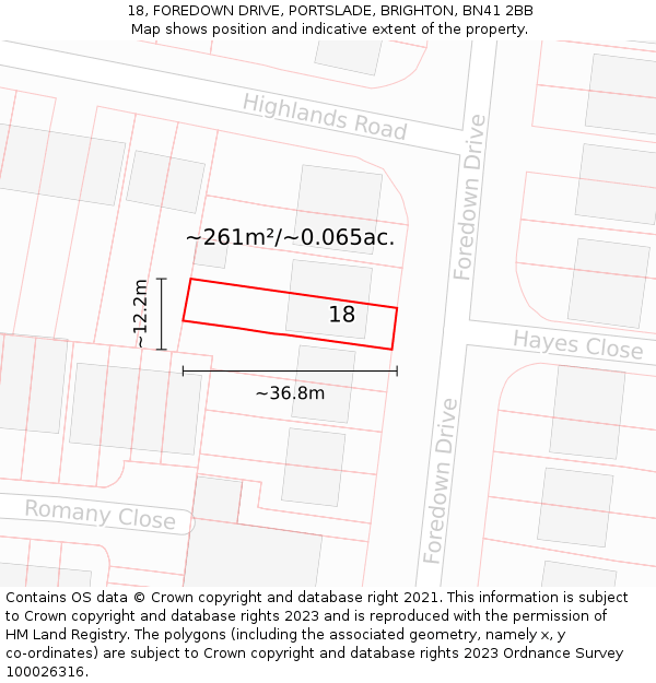 18, FOREDOWN DRIVE, PORTSLADE, BRIGHTON, BN41 2BB: Plot and title map