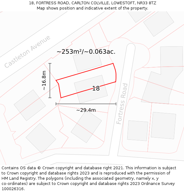 18, FORTRESS ROAD, CARLTON COLVILLE, LOWESTOFT, NR33 8TZ: Plot and title map