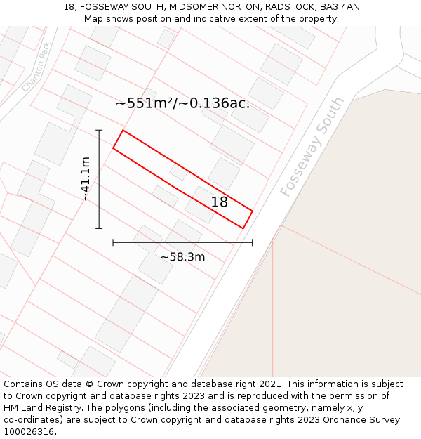 18, FOSSEWAY SOUTH, MIDSOMER NORTON, RADSTOCK, BA3 4AN: Plot and title map