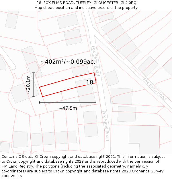 18, FOX ELMS ROAD, TUFFLEY, GLOUCESTER, GL4 0BQ: Plot and title map