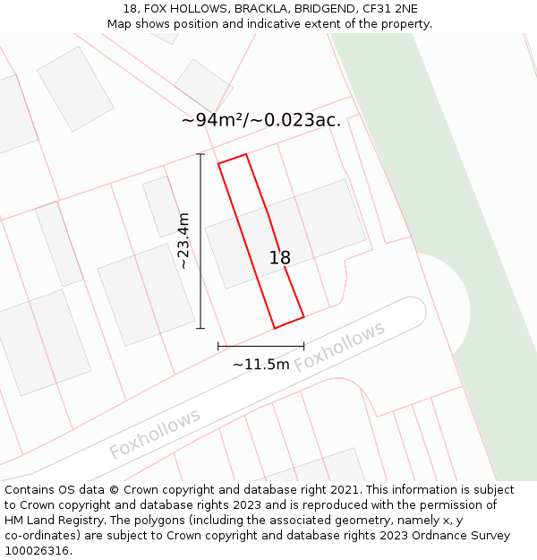 18, FOX HOLLOWS, BRACKLA, BRIDGEND, CF31 2NE: Plot and title map