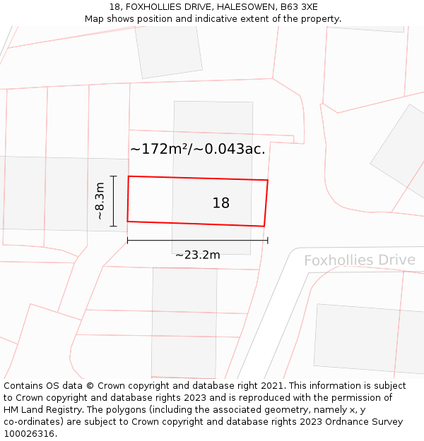18, FOXHOLLIES DRIVE, HALESOWEN, B63 3XE: Plot and title map