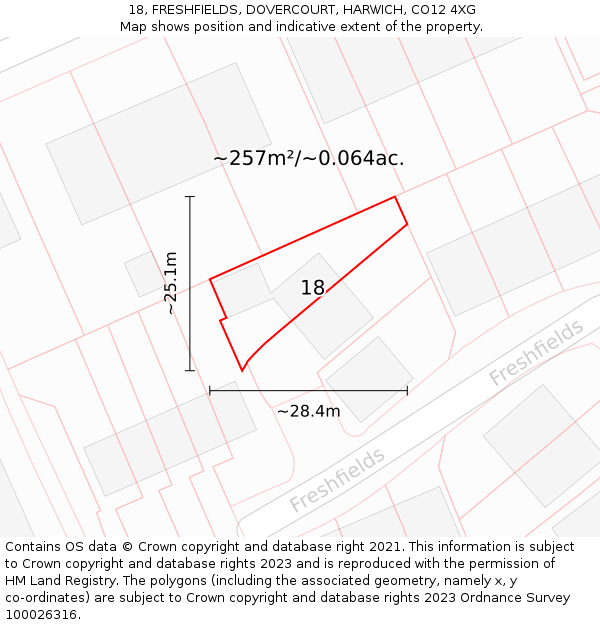18, FRESHFIELDS, DOVERCOURT, HARWICH, CO12 4XG: Plot and title map