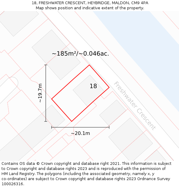 18, FRESHWATER CRESCENT, HEYBRIDGE, MALDON, CM9 4PA: Plot and title map