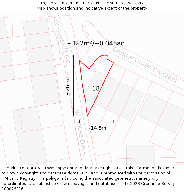 18, GANDER GREEN CRESCENT, HAMPTON, TW12 2FA: Plot and title map