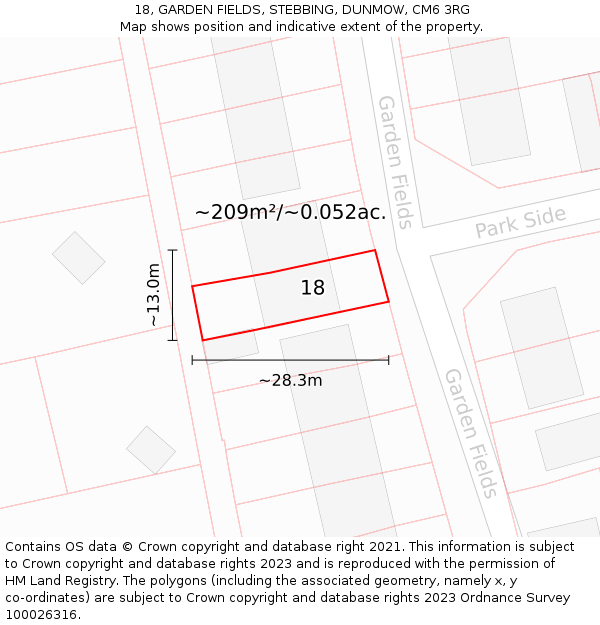18, GARDEN FIELDS, STEBBING, DUNMOW, CM6 3RG: Plot and title map