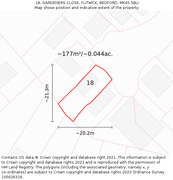 18, GARDENERS CLOSE, FLITWICK, BEDFORD, MK45 5BU: Plot and title map