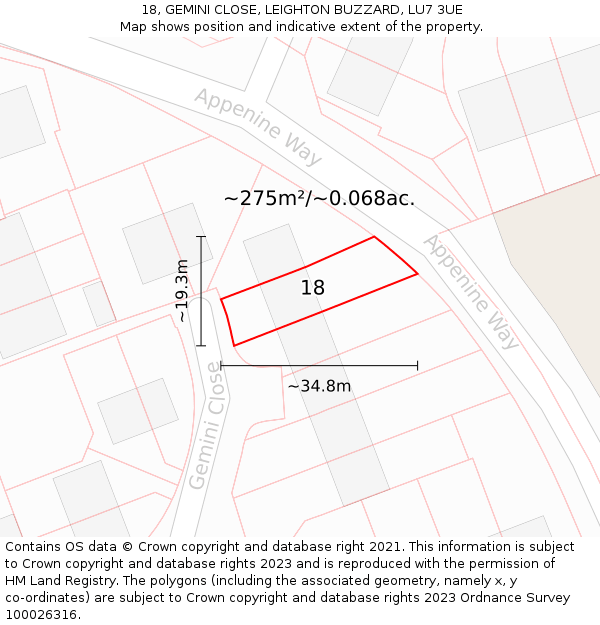 18, GEMINI CLOSE, LEIGHTON BUZZARD, LU7 3UE: Plot and title map