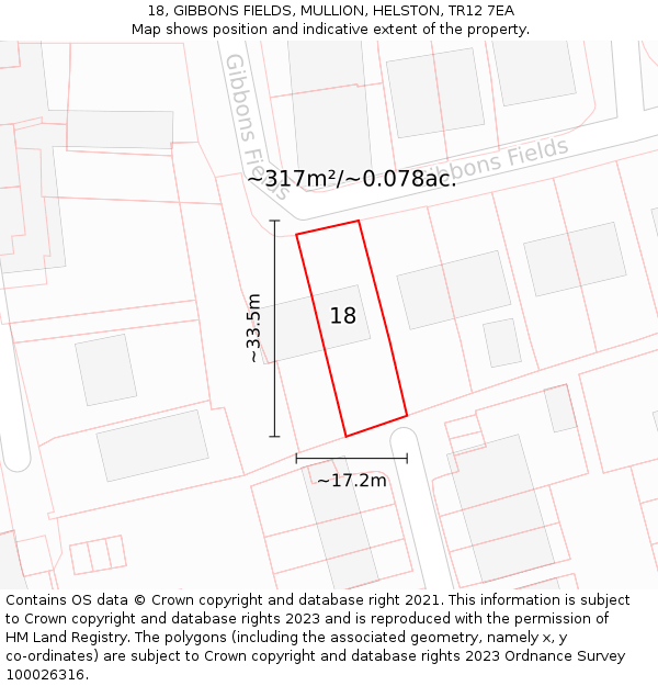 18, GIBBONS FIELDS, MULLION, HELSTON, TR12 7EA: Plot and title map