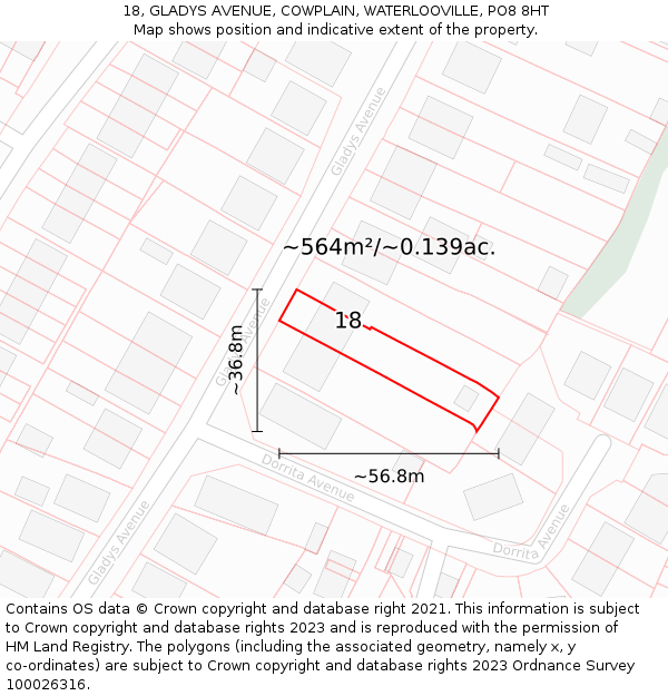 18, GLADYS AVENUE, COWPLAIN, WATERLOOVILLE, PO8 8HT: Plot and title map