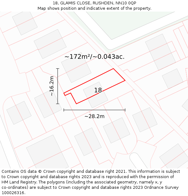 18, GLAMIS CLOSE, RUSHDEN, NN10 0QP: Plot and title map