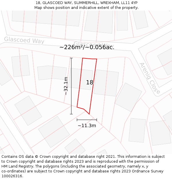 18, GLASCOED WAY, SUMMERHILL, WREXHAM, LL11 4YP: Plot and title map