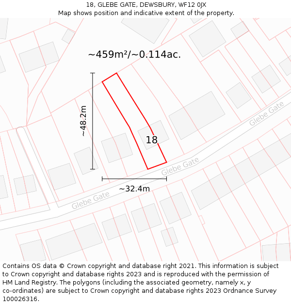 18, GLEBE GATE, DEWSBURY, WF12 0JX: Plot and title map