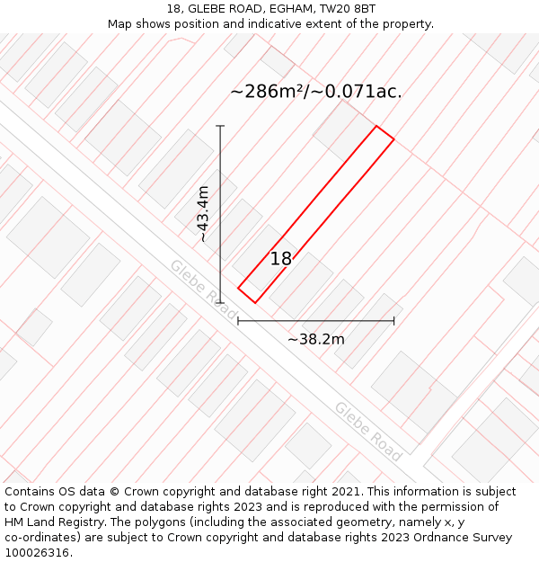 18, GLEBE ROAD, EGHAM, TW20 8BT: Plot and title map