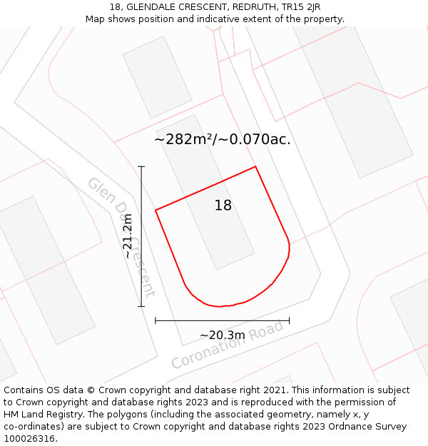 18, GLENDALE CRESCENT, REDRUTH, TR15 2JR: Plot and title map