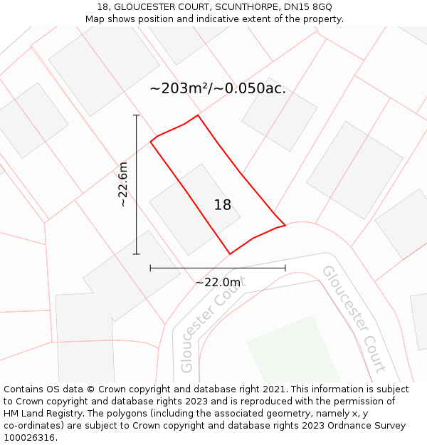 18, GLOUCESTER COURT, SCUNTHORPE, DN15 8GQ: Plot and title map