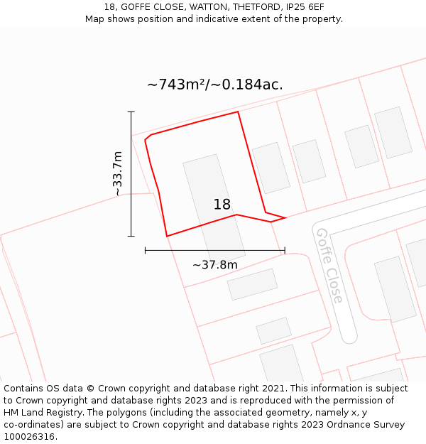 18, GOFFE CLOSE, WATTON, THETFORD, IP25 6EF: Plot and title map