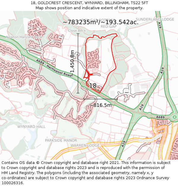 18, GOLDCREST CRESCENT, WYNYARD, BILLINGHAM, TS22 5FT: Plot and title map