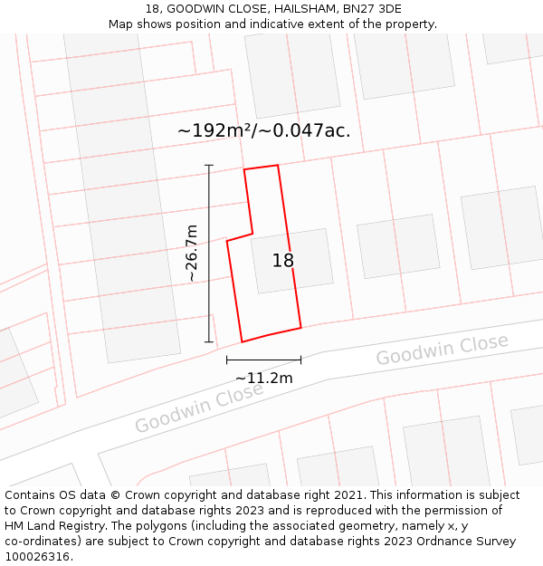 18, GOODWIN CLOSE, HAILSHAM, BN27 3DE: Plot and title map