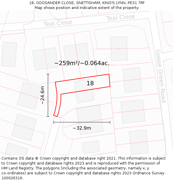 18, GOOSANDER CLOSE, SNETTISHAM, KING'S LYNN, PE31 7RF: Plot and title map
