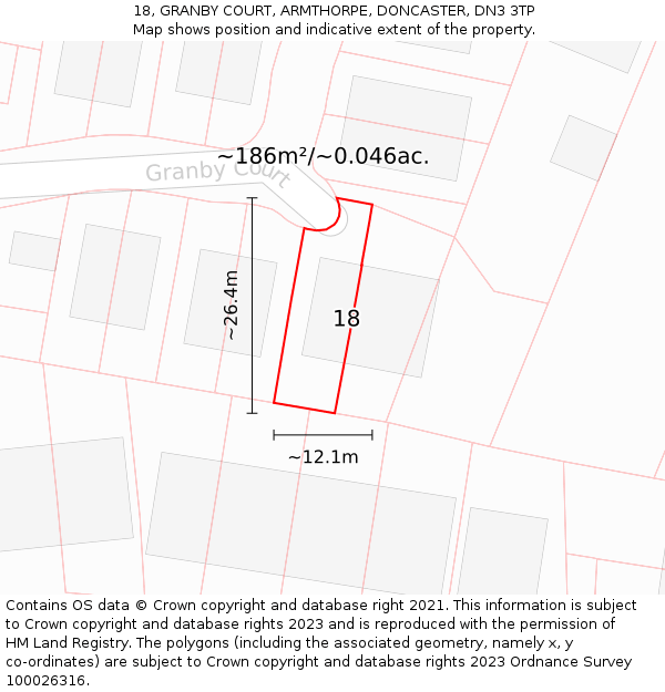 18, GRANBY COURT, ARMTHORPE, DONCASTER, DN3 3TP: Plot and title map