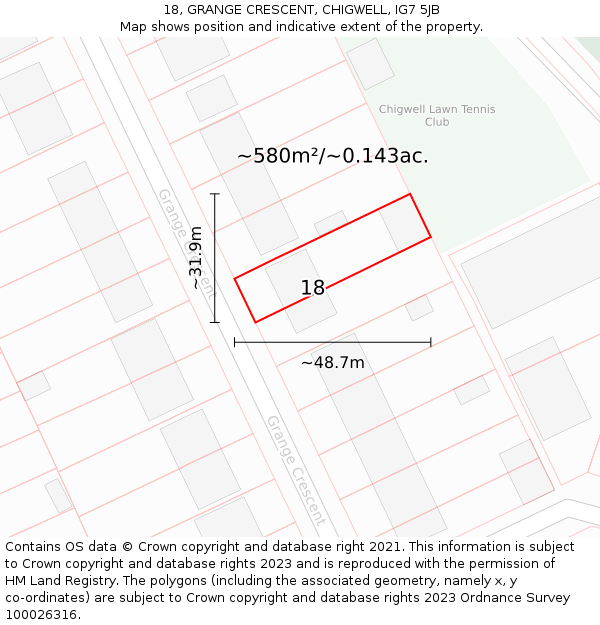 18, GRANGE CRESCENT, CHIGWELL, IG7 5JB: Plot and title map