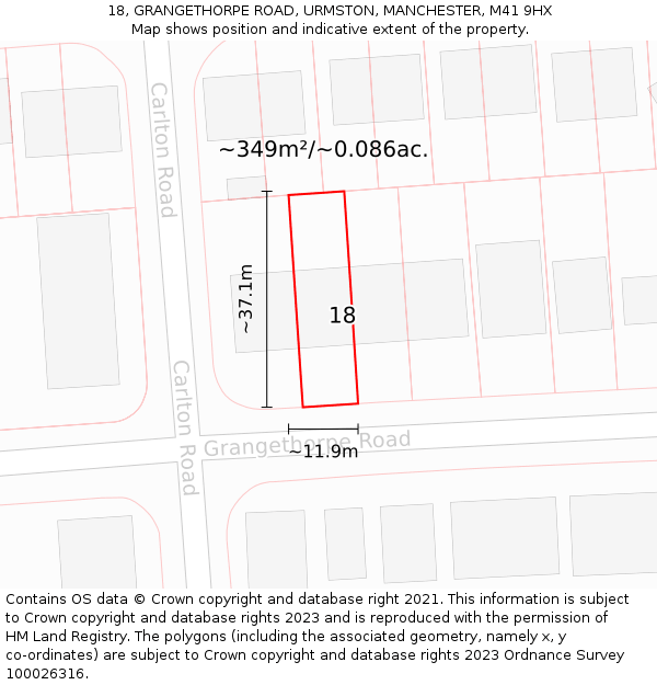 18, GRANGETHORPE ROAD, URMSTON, MANCHESTER, M41 9HX: Plot and title map