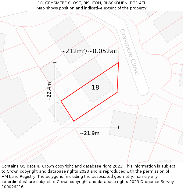 18, GRASMERE CLOSE, RISHTON, BLACKBURN, BB1 4EL: Plot and title map