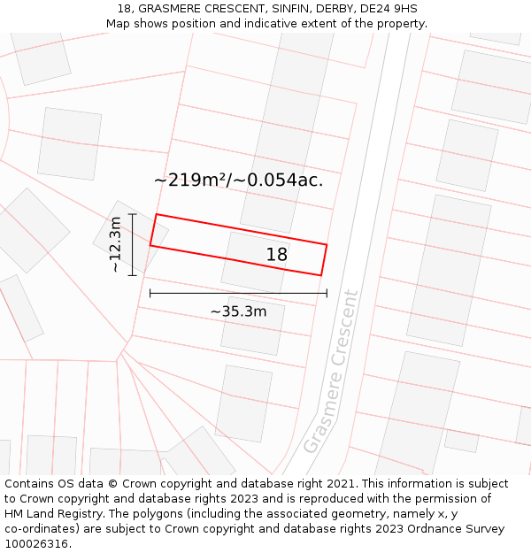 18, GRASMERE CRESCENT, SINFIN, DERBY, DE24 9HS: Plot and title map