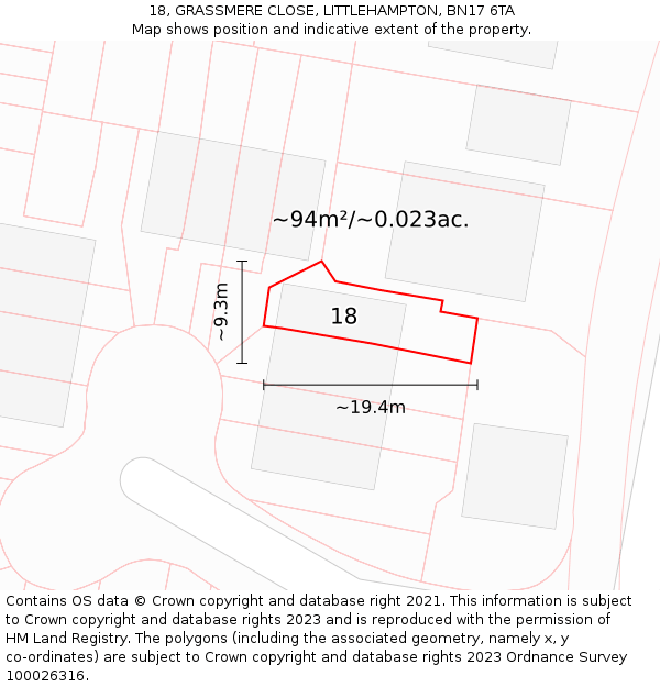 18, GRASSMERE CLOSE, LITTLEHAMPTON, BN17 6TA: Plot and title map