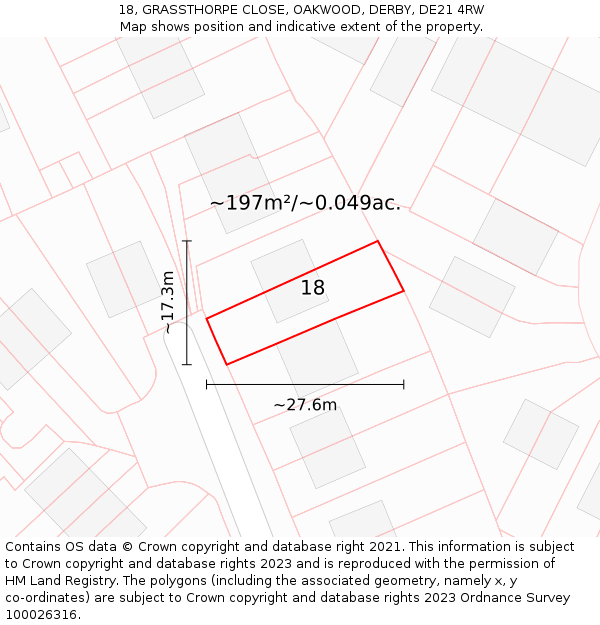 18, GRASSTHORPE CLOSE, OAKWOOD, DERBY, DE21 4RW: Plot and title map