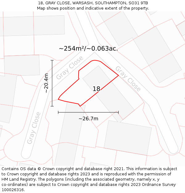 18, GRAY CLOSE, WARSASH, SOUTHAMPTON, SO31 9TB: Plot and title map