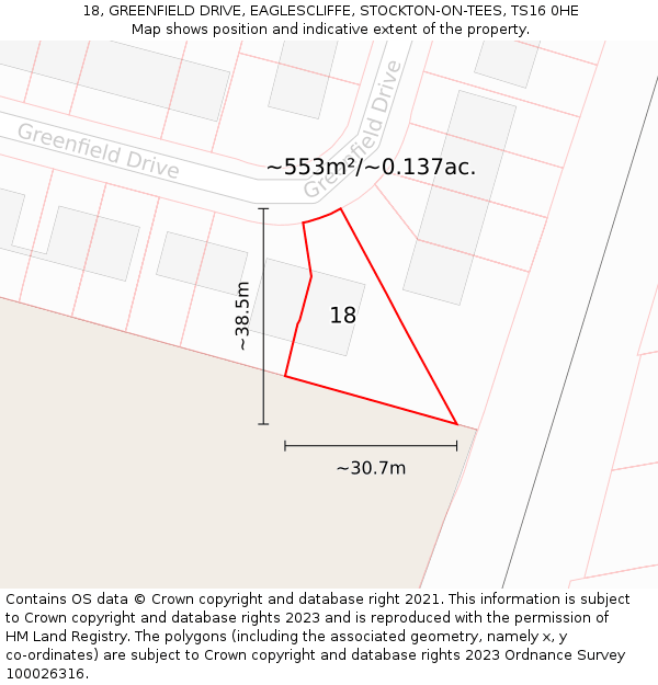 18, GREENFIELD DRIVE, EAGLESCLIFFE, STOCKTON-ON-TEES, TS16 0HE: Plot and title map
