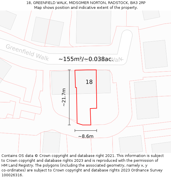 18, GREENFIELD WALK, MIDSOMER NORTON, RADSTOCK, BA3 2RP: Plot and title map