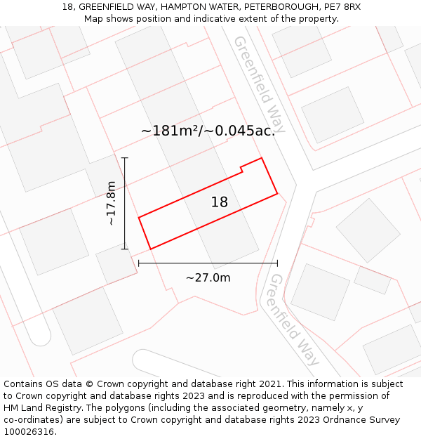 18, GREENFIELD WAY, HAMPTON WATER, PETERBOROUGH, PE7 8RX: Plot and title map